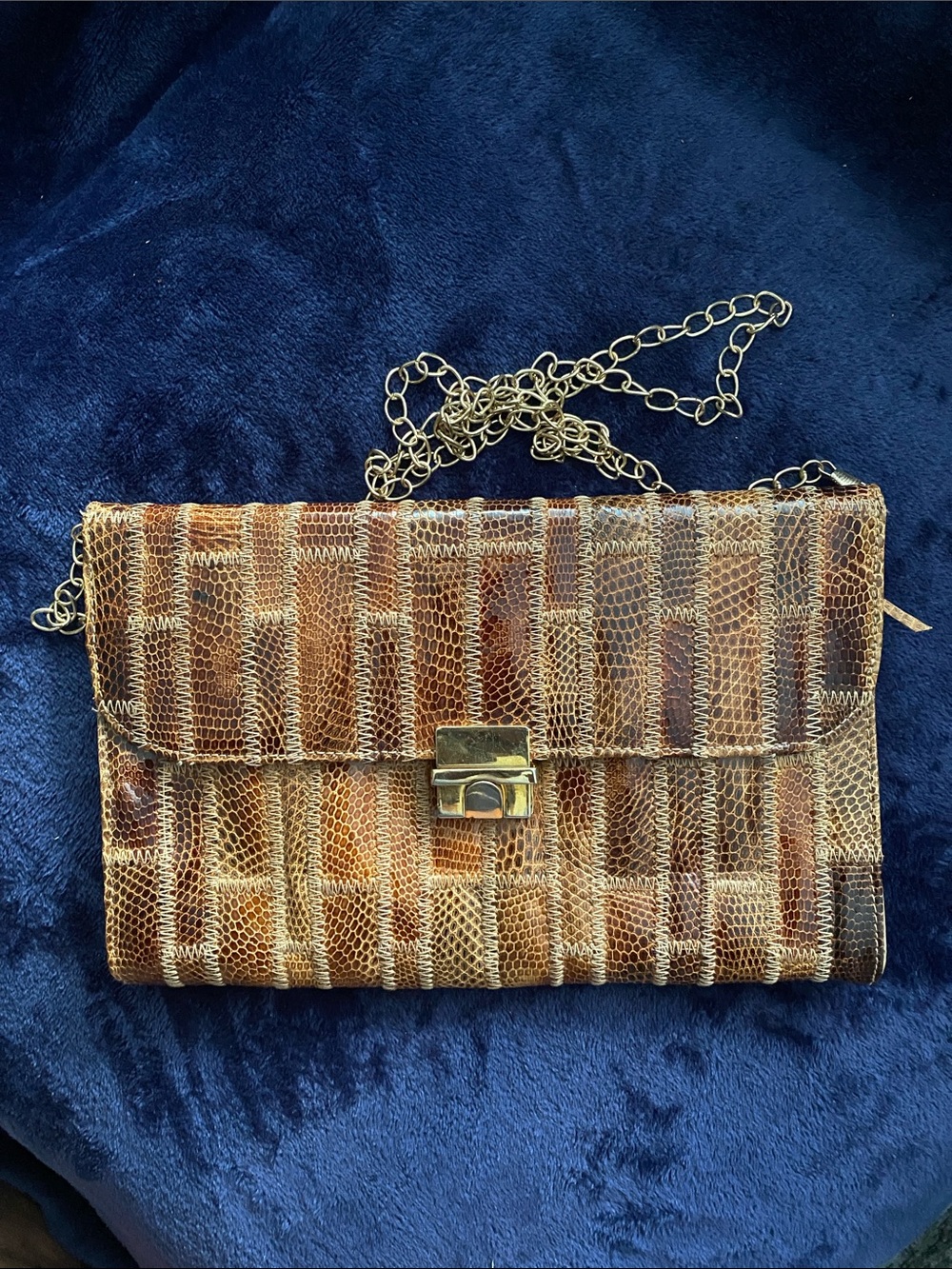Textured Brown Leather-Effect Chain Clutch with Gold Hardware